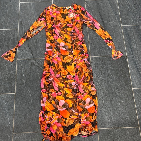 FARM Rio floral orange rouched midi dress - Picture 2 of 5